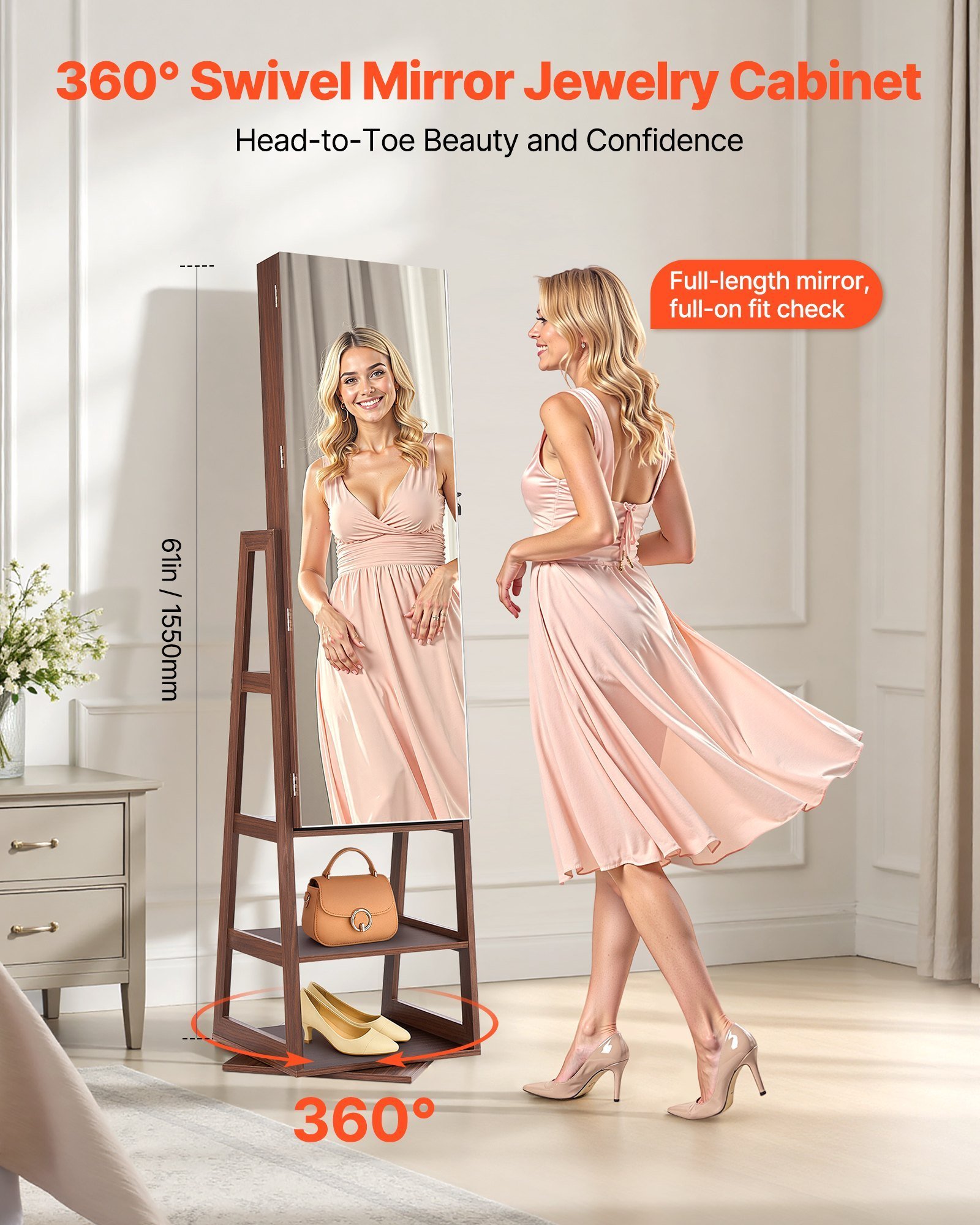 360° Drehbarer Schmuckschrank 155 cm – Ganzkörperspiegel mit Schloss & großem Stauraum